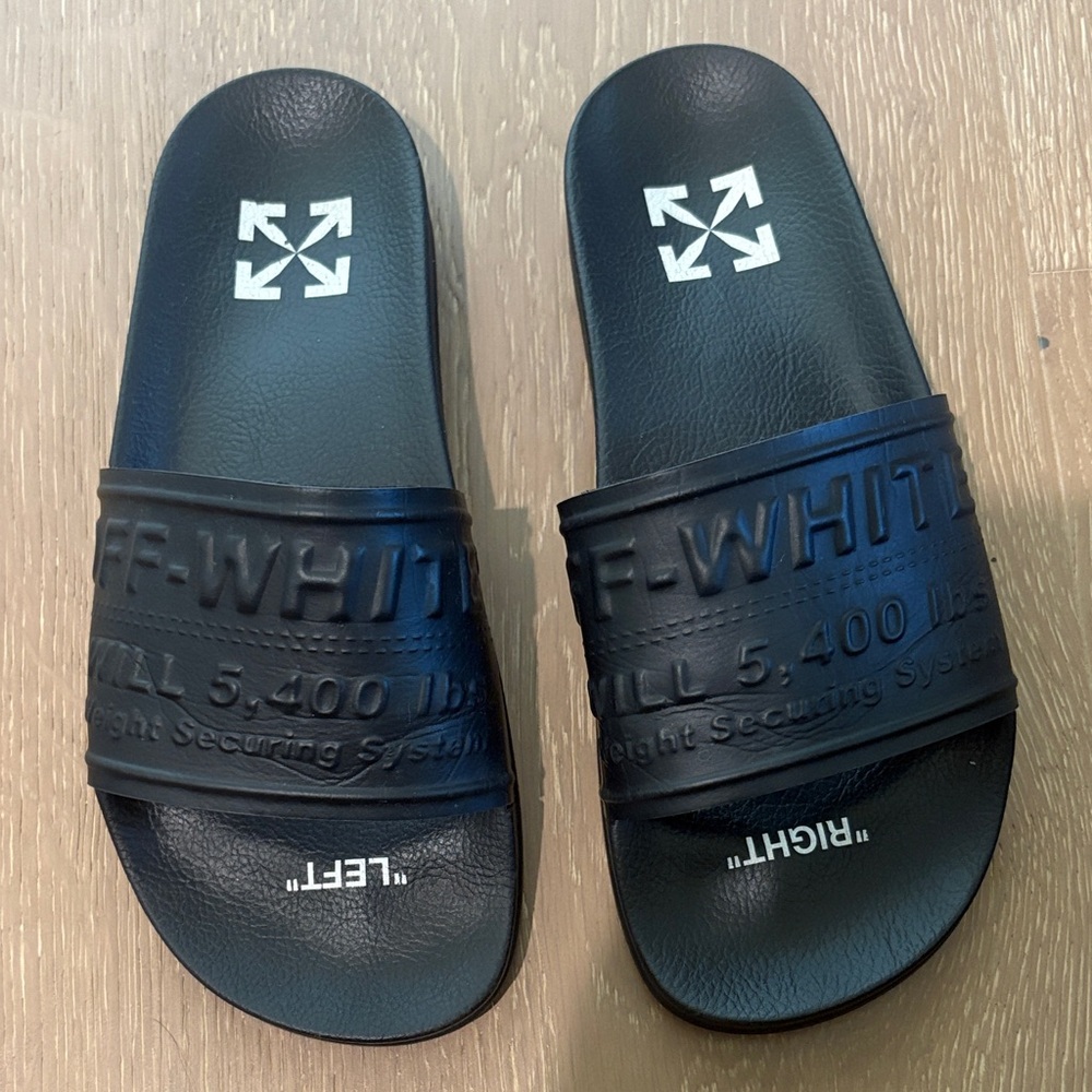 Off-White Black Embossed Logo Slide Sandals with White Arrow Detail Size EU 40